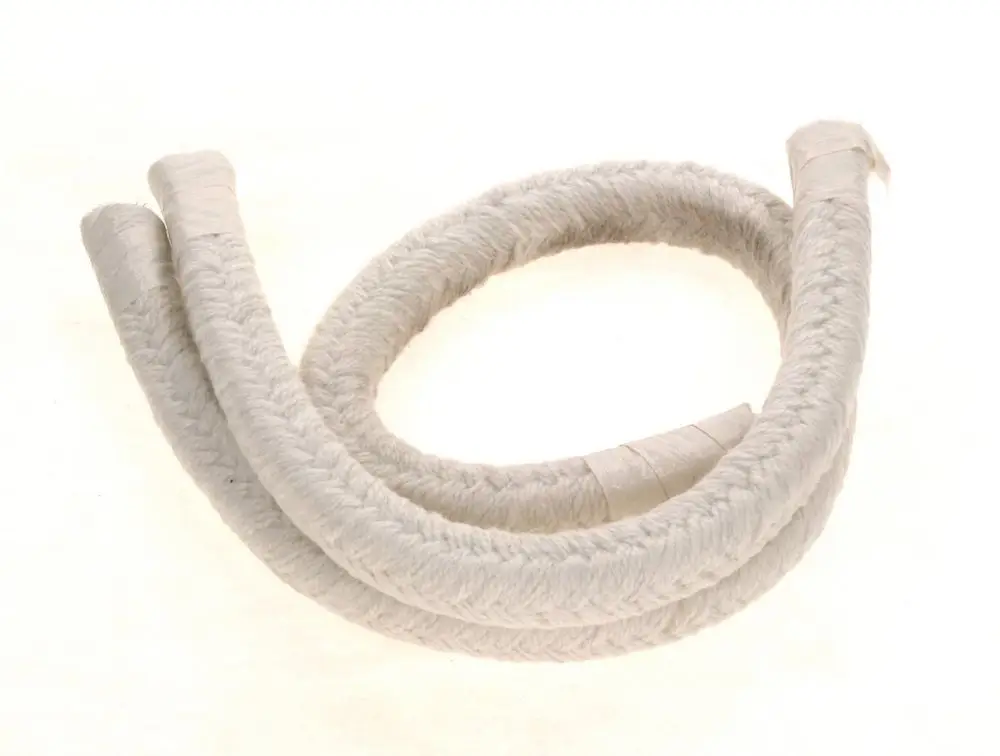 Weiße Dichtschnur aus geflochtenem Material, aufgerollt mit Enden, die mit einem Klebeband umwickelt sind. Produkt von Bosch.